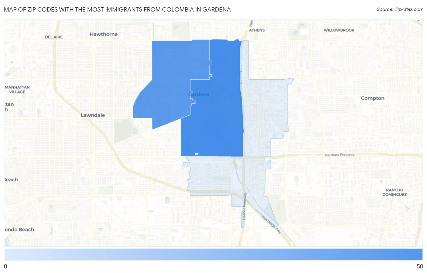 Zip Codes with the Most Immigrants from Colombia in Gardena Map