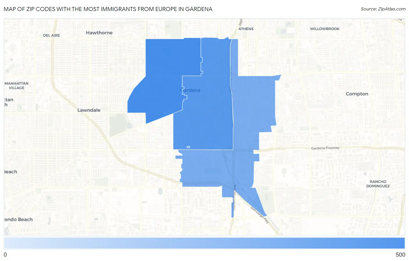Zip Codes with the Most Immigrants from Europe in Gardena Map