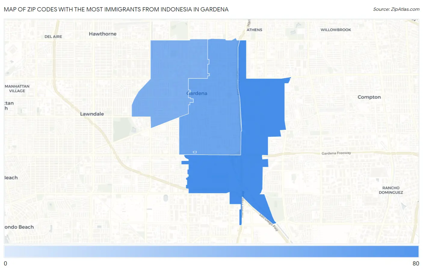 Zip Codes with the Most Immigrants from Indonesia in Gardena Map