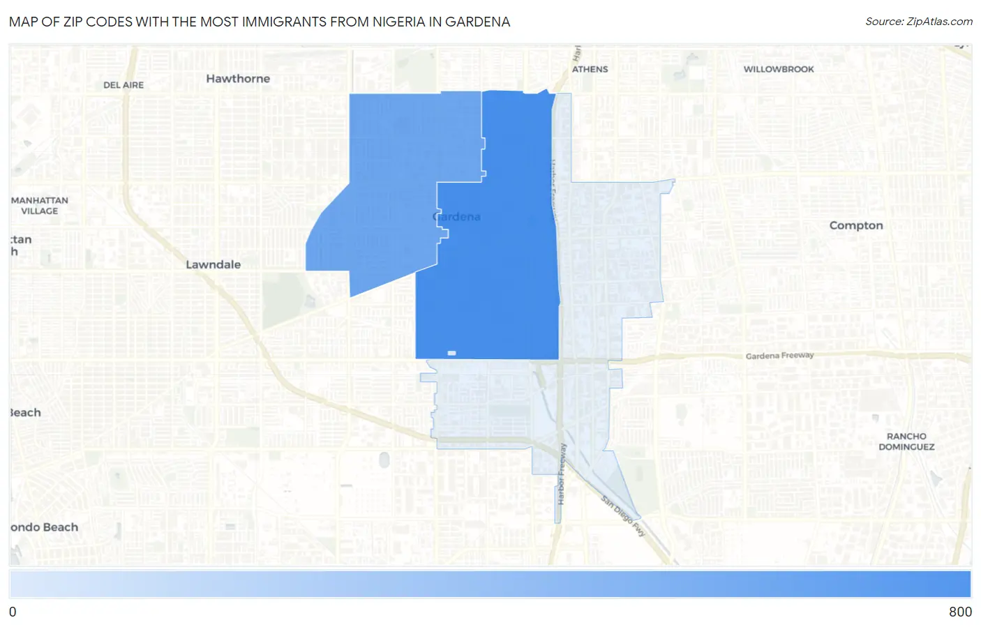 Zip Codes with the Most Immigrants from Nigeria in Gardena Map