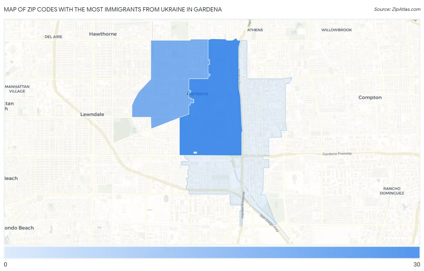 Zip Codes with the Most Immigrants from Ukraine in Gardena Map