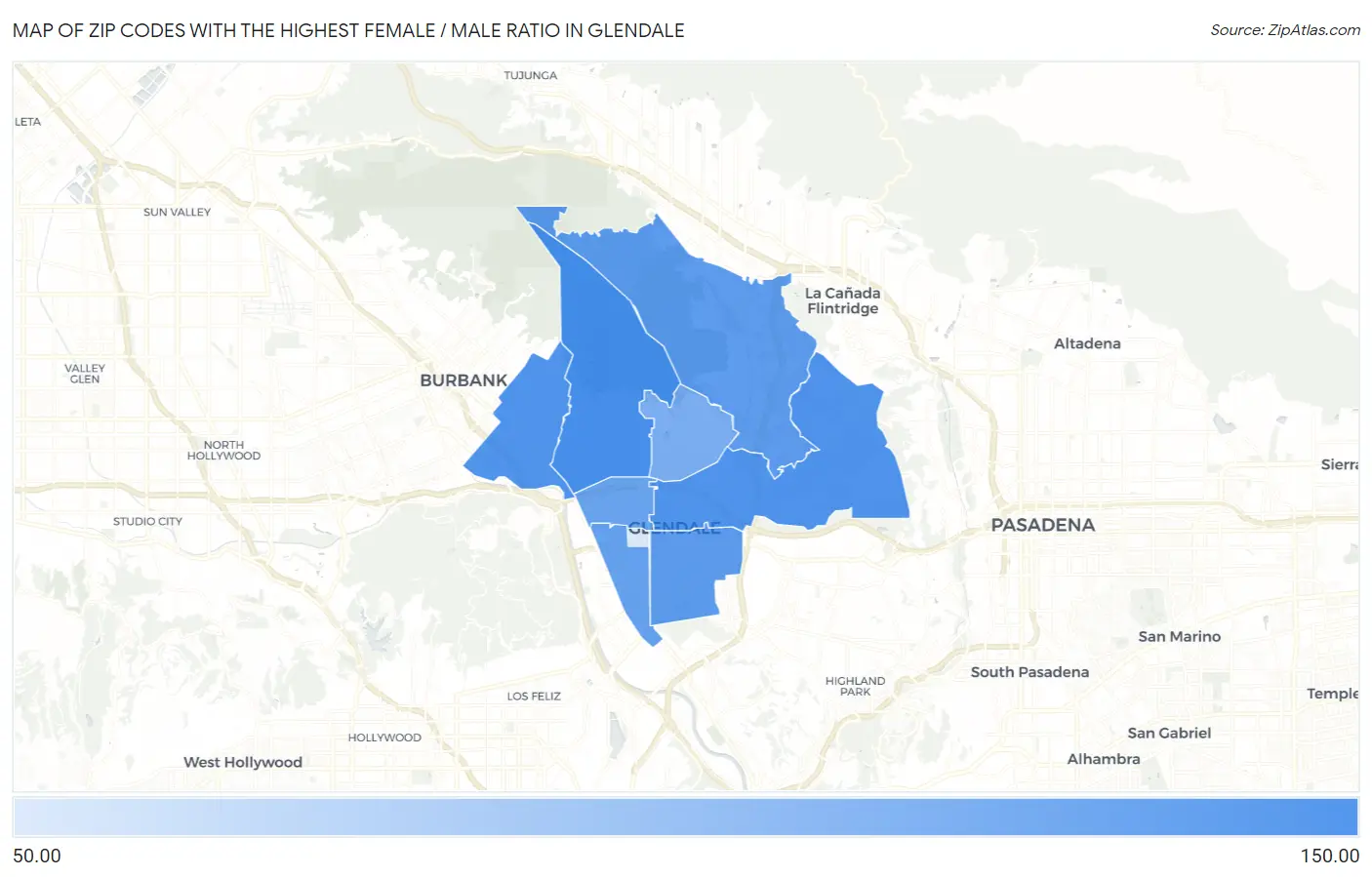 Zip Codes with the Highest Female / Male Ratio in Glendale Map