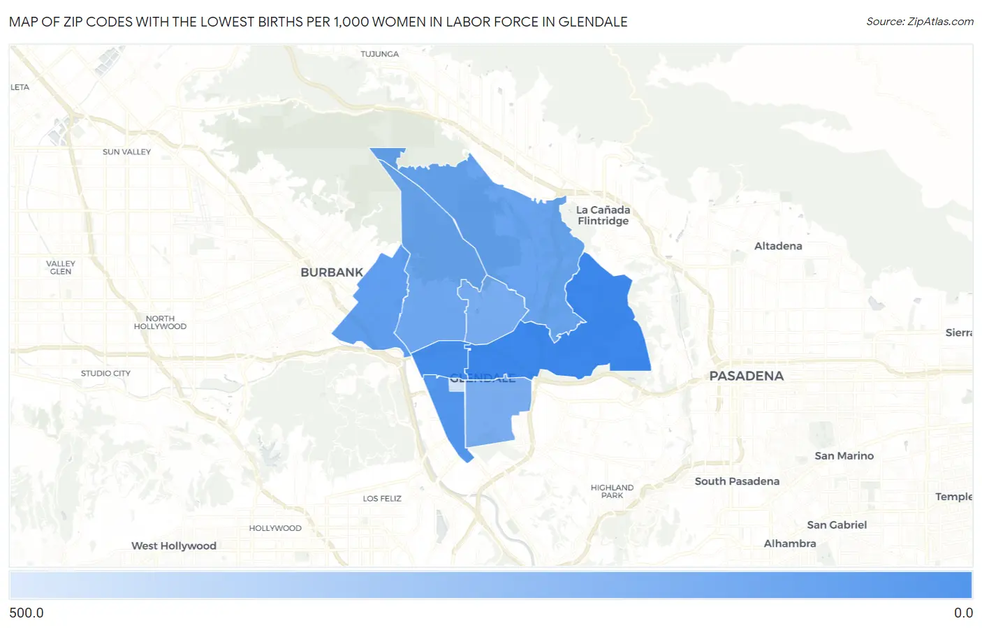 Zip Codes with the Lowest Births per 1,000 Women in Labor Force in Glendale Map