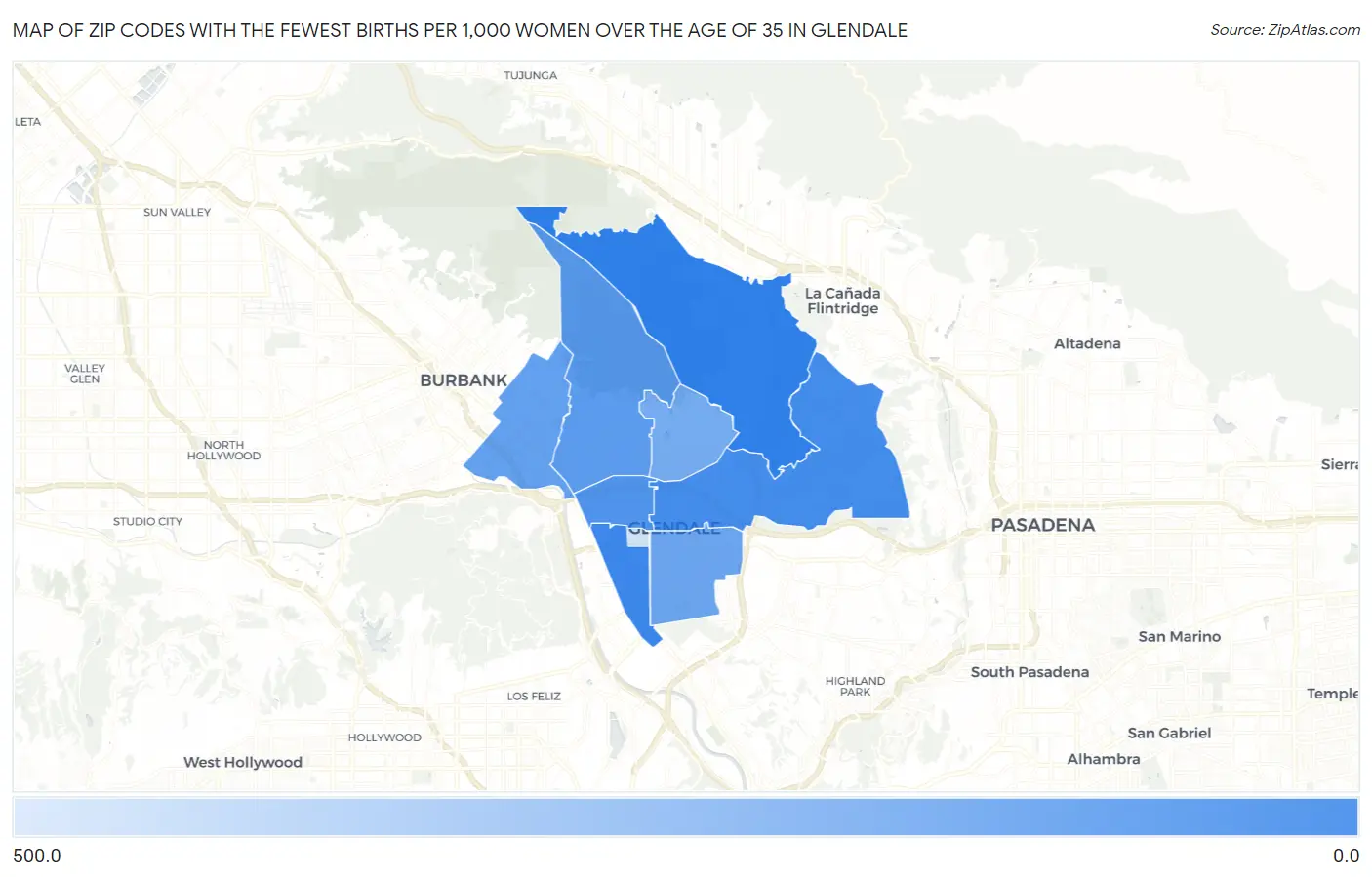 Zip Codes with the Fewest Births per 1,000 Women Over the Age of 35 in Glendale Map