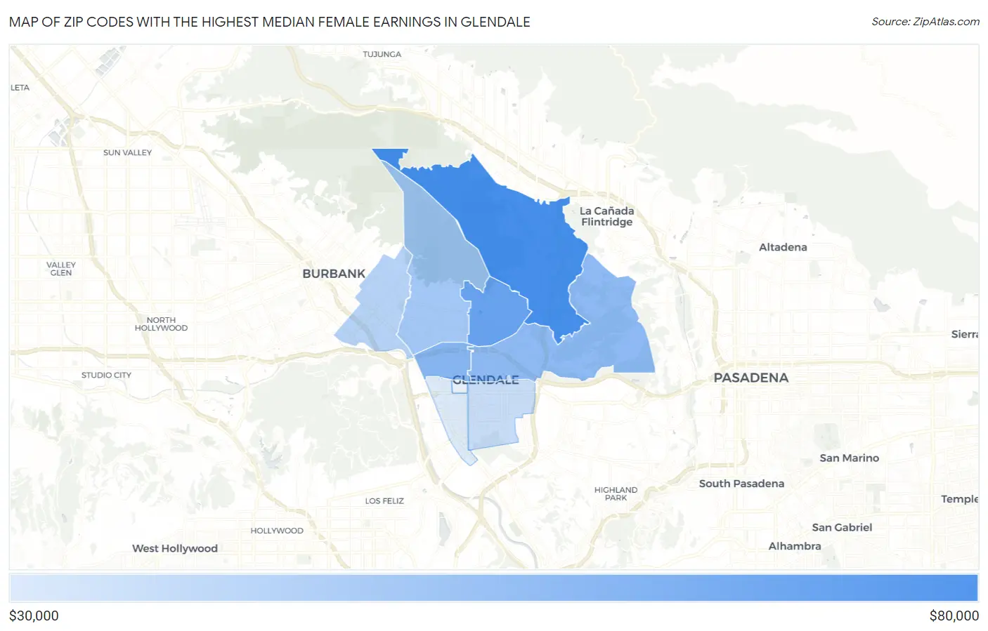Zip Codes with the Highest Median Female Earnings in Glendale Map