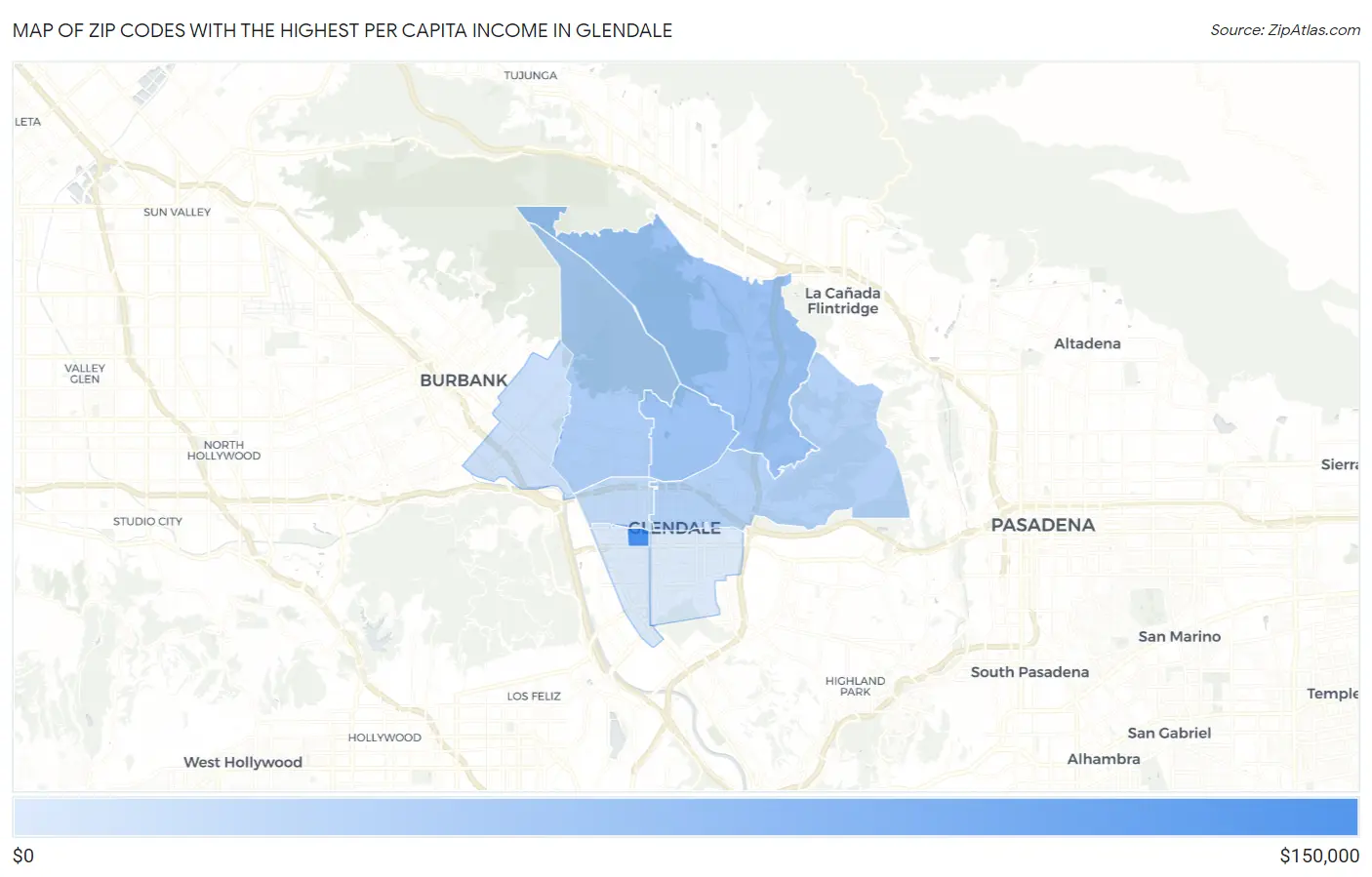 Zip Codes with the Highest Per Capita Income in Glendale Map
