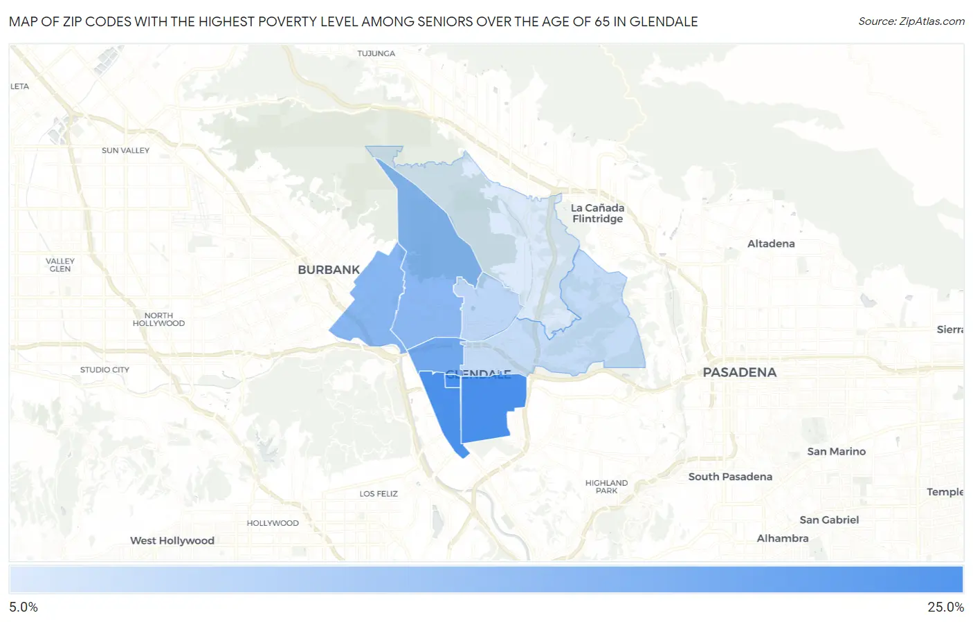 Zip Codes with the Highest Poverty Level Among Seniors Over the Age of 65 in Glendale Map