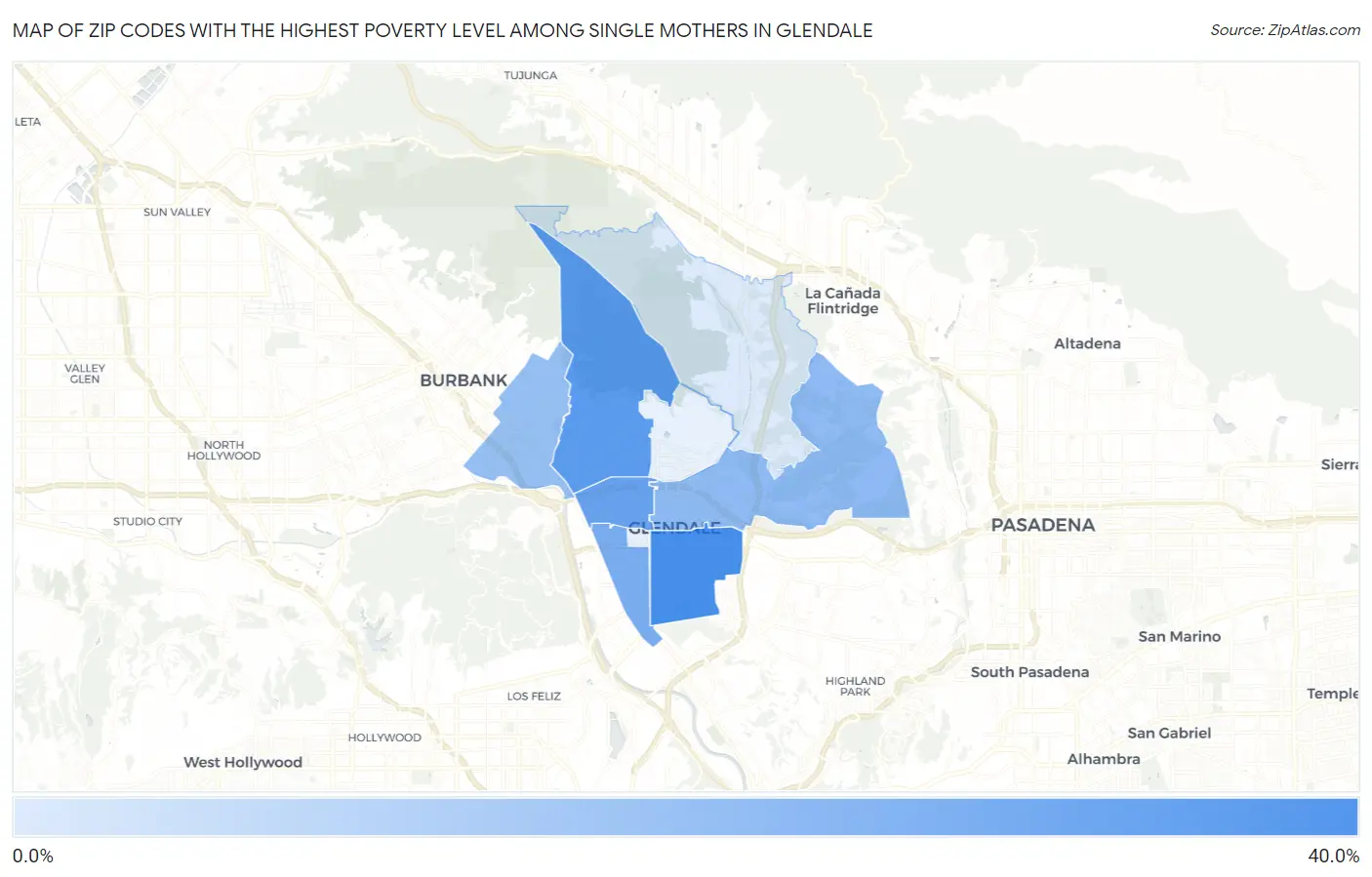 Zip Codes with the Highest Poverty Level Among Single Mothers in Glendale Map