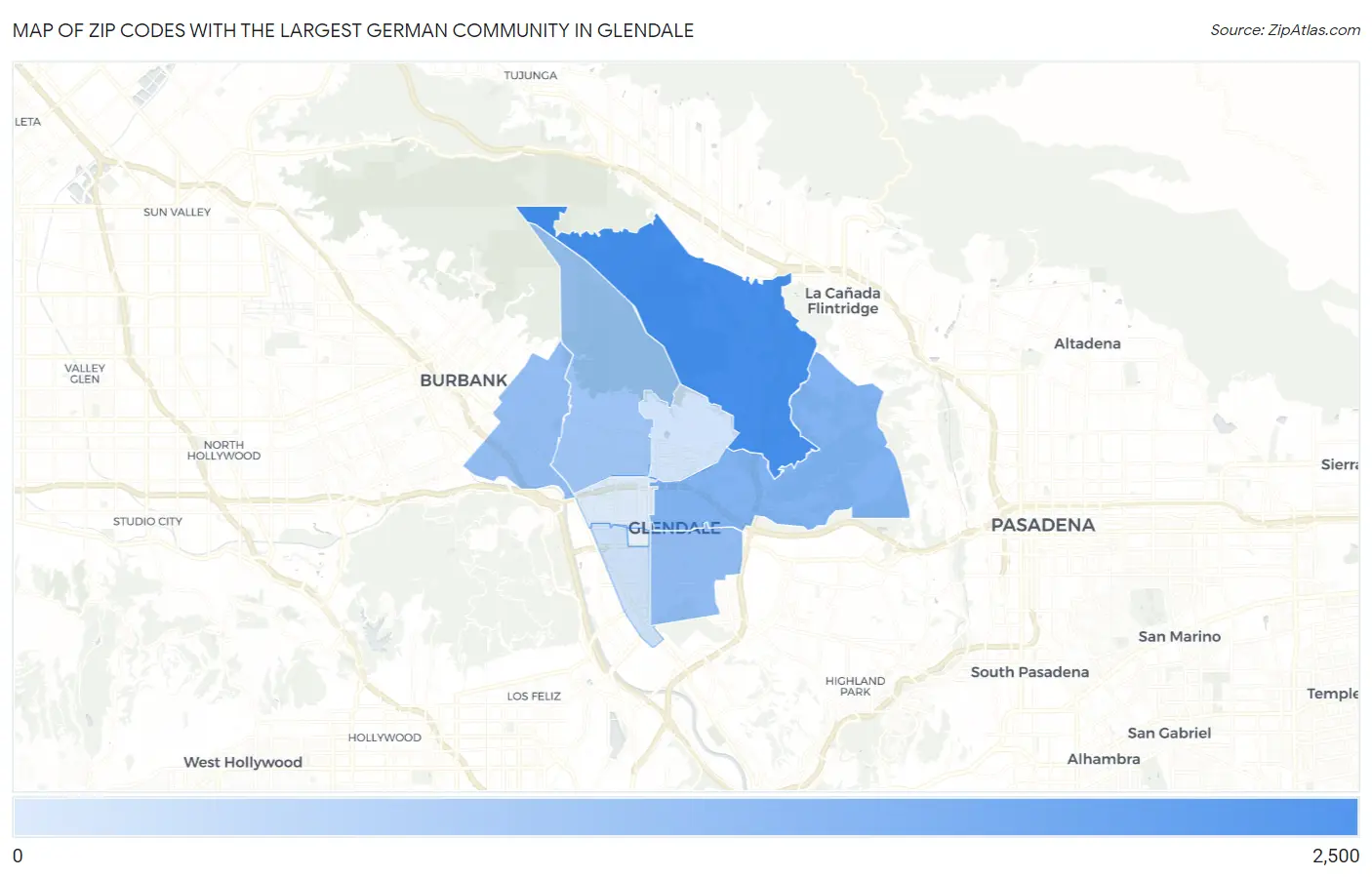 Zip Codes with the Largest German Community in Glendale Map
