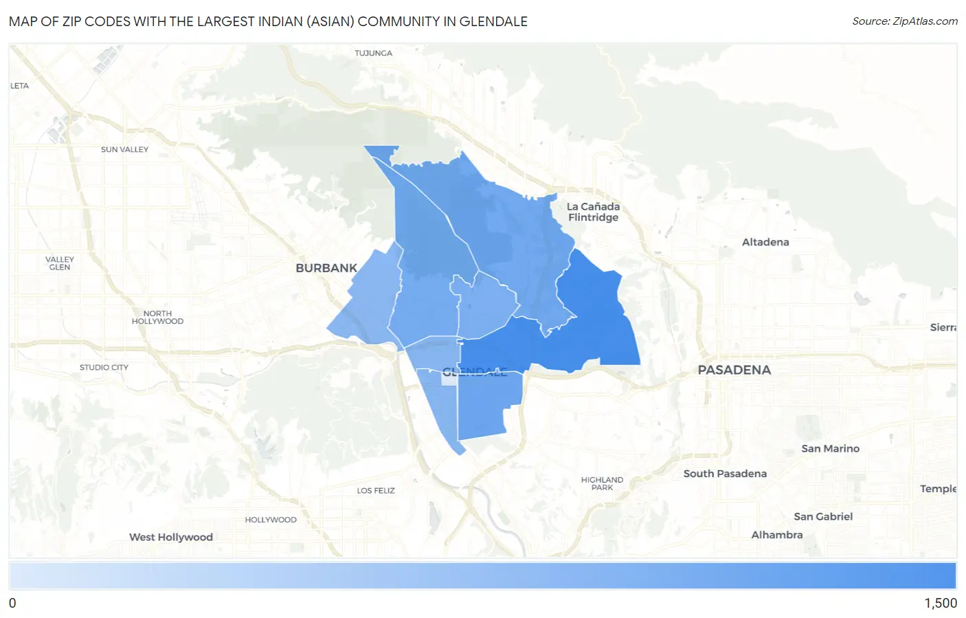 Zip Codes with the Largest Indian (Asian) Community in Glendale Map