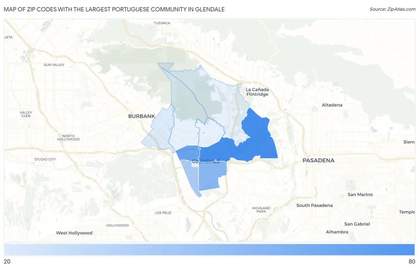 Zip Codes with the Largest Portuguese Community in Glendale Map