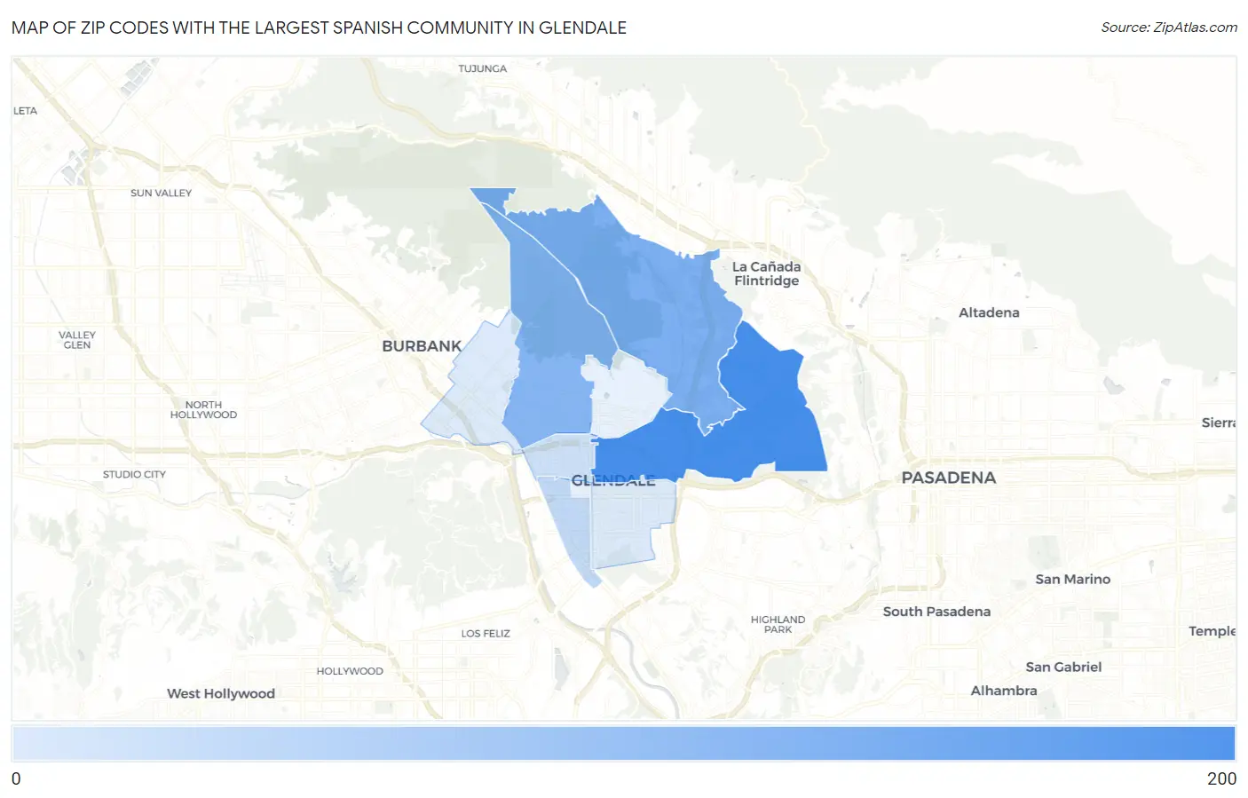 Zip Codes with the Largest Spanish Community in Glendale Map