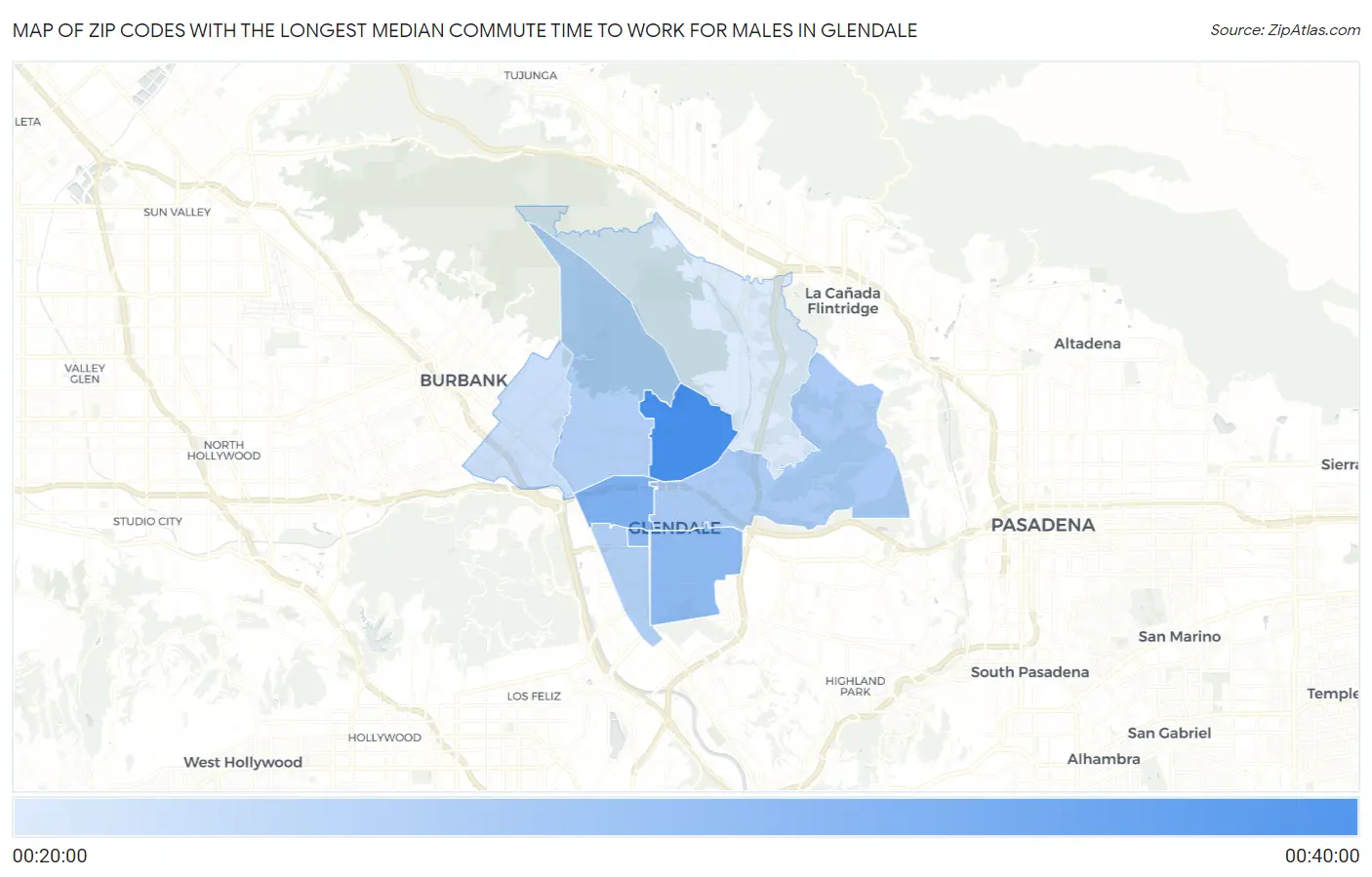 Zip Codes with the Longest Median Commute Time to Work for Males in Glendale Map