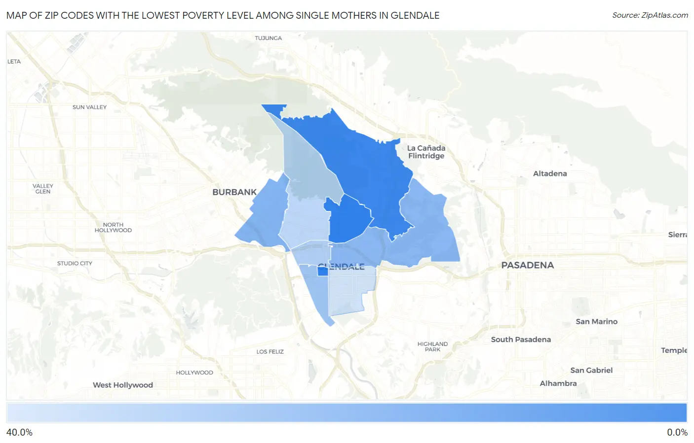 Zip Codes with the Lowest Poverty Level Among Single Mothers in Glendale Map
