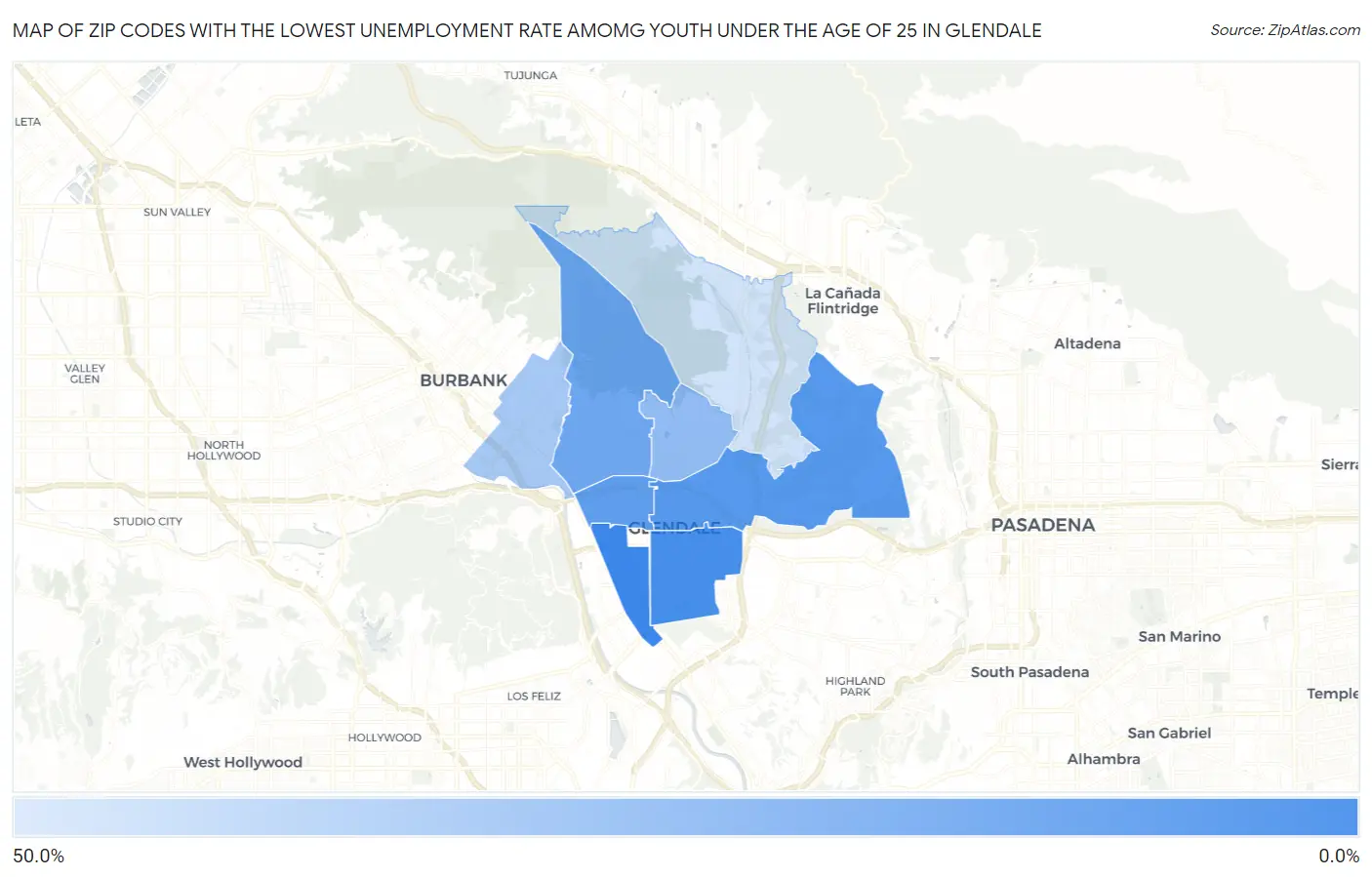 Zip Codes with the Lowest Unemployment Rate Amomg Youth Under the Age of 25 in Glendale Map