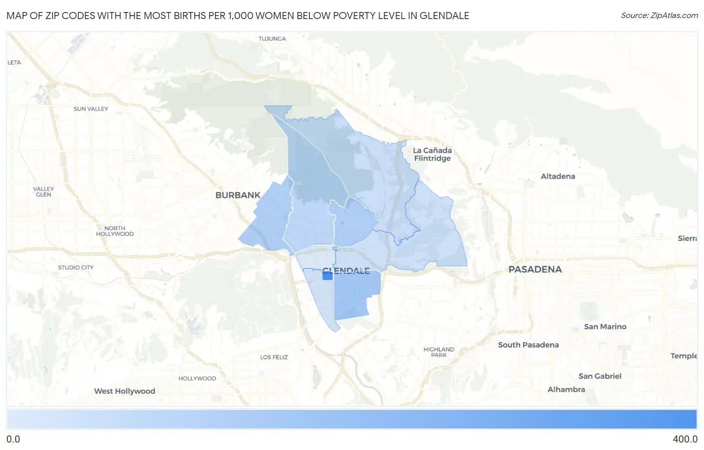 Zip Codes with the Most Births per 1,000 Women Below Poverty Level in Glendale Map