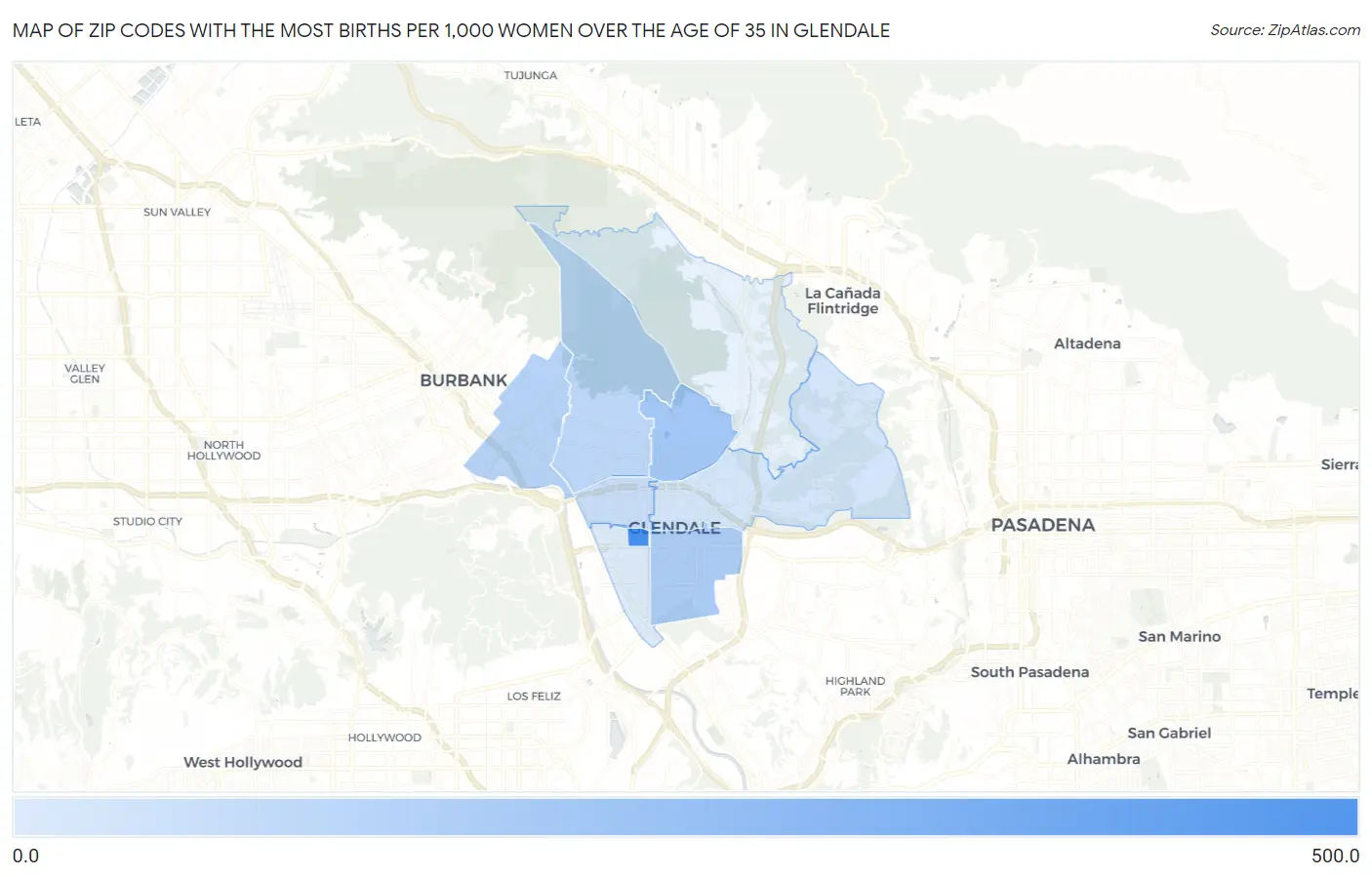 Zip Codes with the Most Births per 1,000 Women Over the Age of 35 in Glendale Map