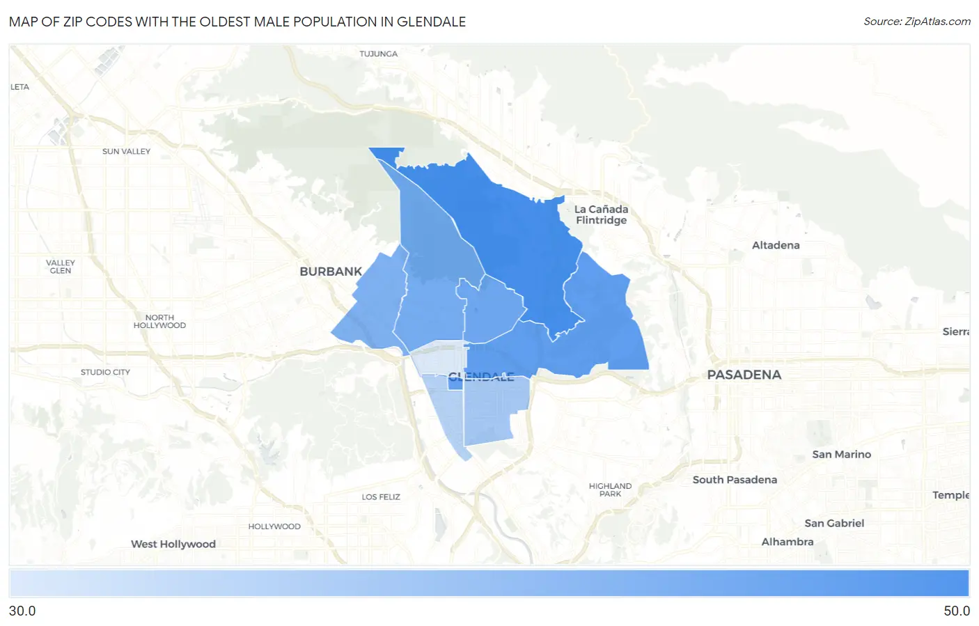 Zip Codes with the Oldest Male Population in Glendale Map