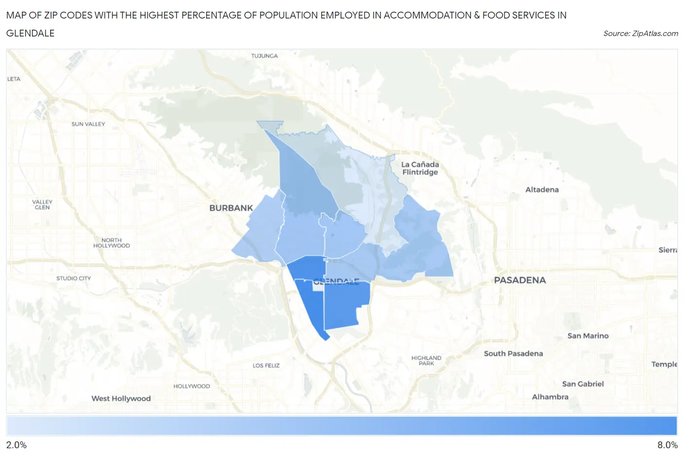 Zip Codes with the Highest Percentage of Population Employed in Accommodation & Food Services in Glendale Map