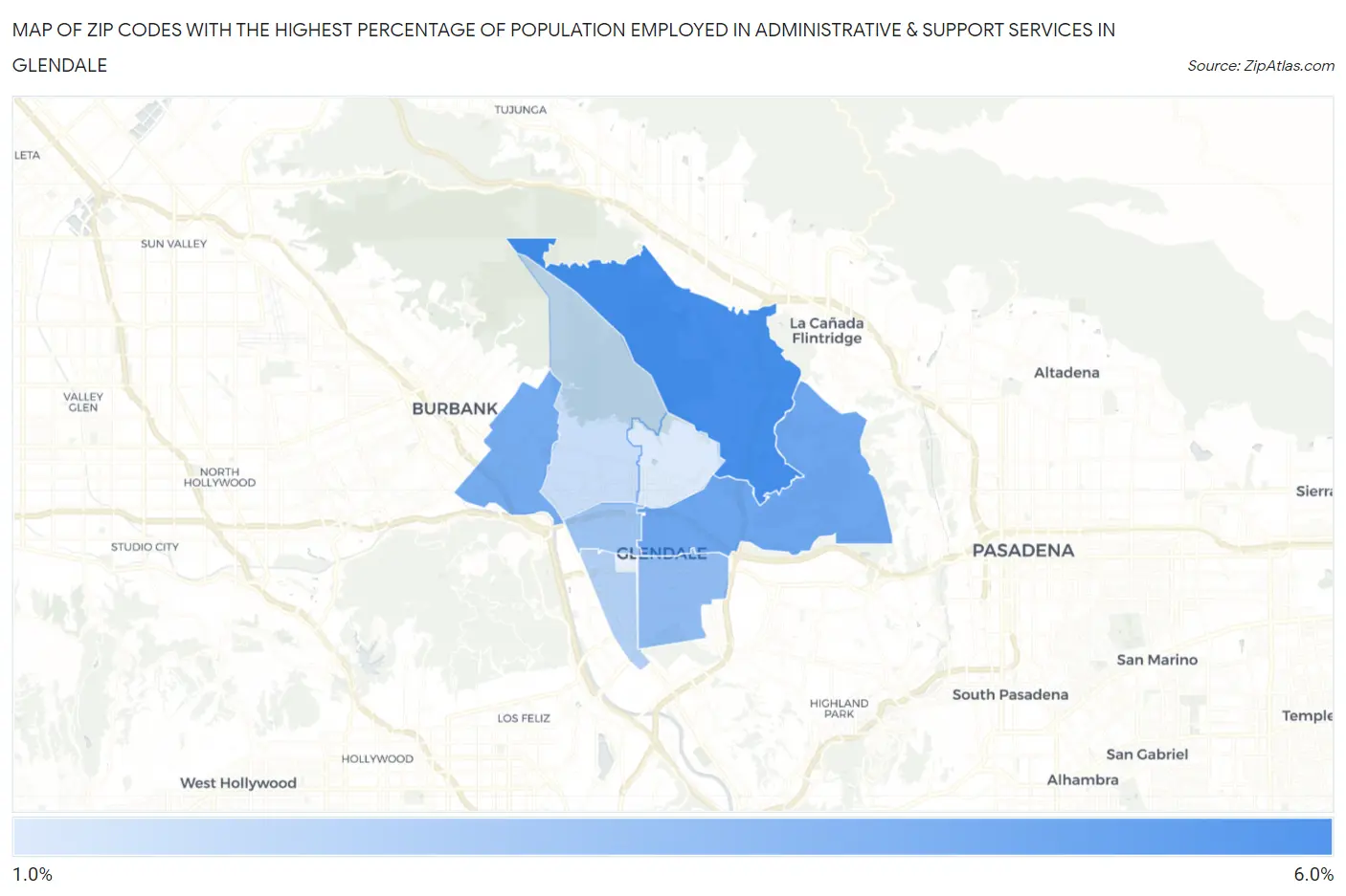 Zip Codes with the Highest Percentage of Population Employed in Administrative & Support Services in Glendale Map