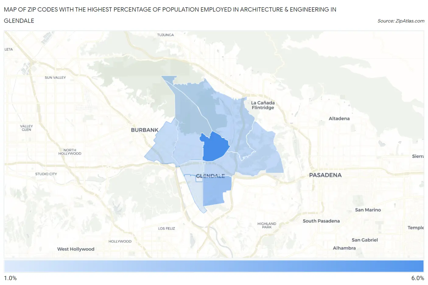 Zip Codes with the Highest Percentage of Population Employed in Architecture & Engineering in Glendale Map