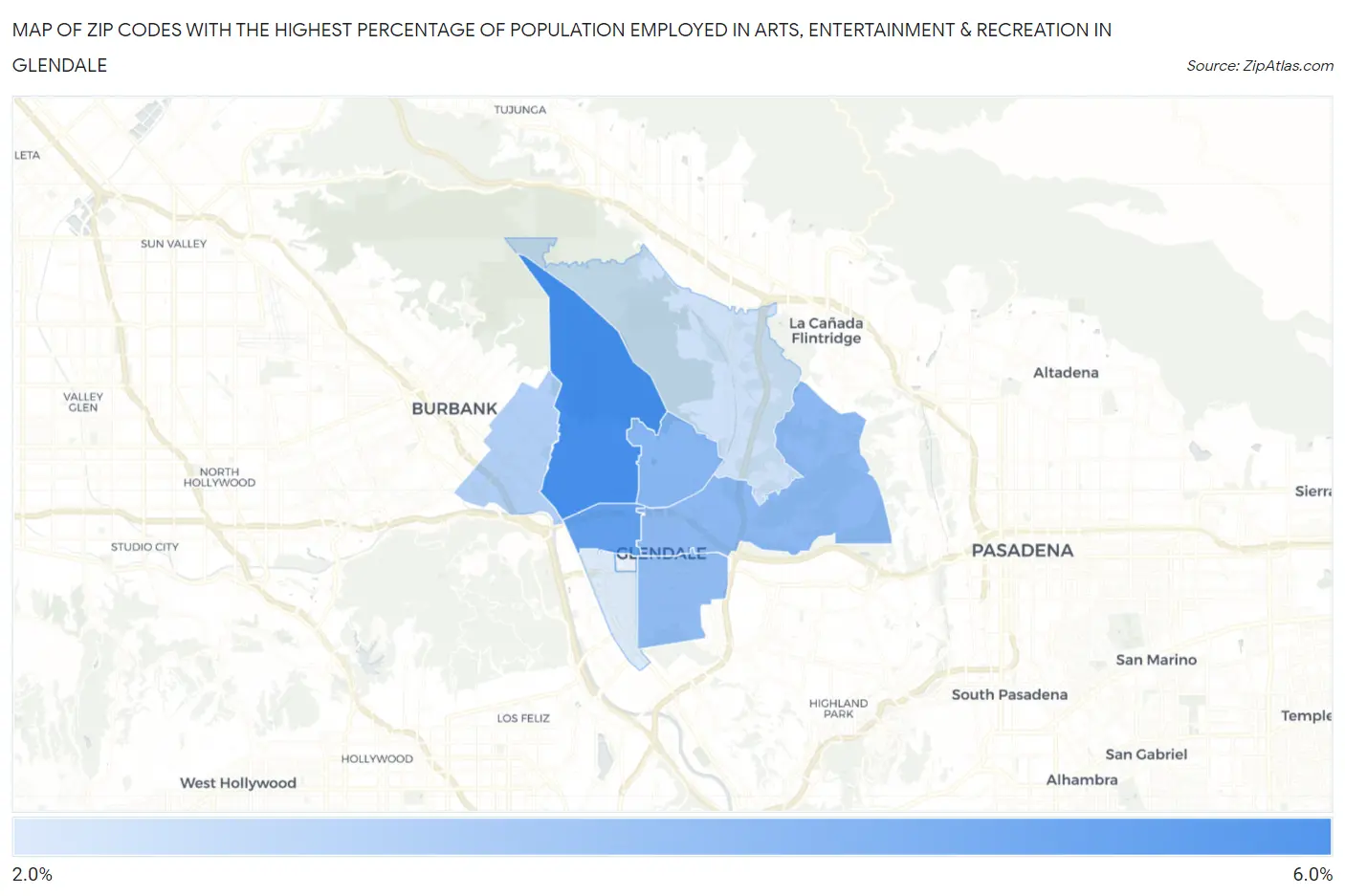 Zip Codes with the Highest Percentage of Population Employed in Arts, Entertainment & Recreation in Glendale Map