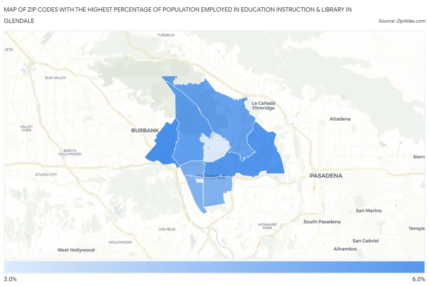 Zip Codes with the Highest Percentage of Population Employed in Education Instruction & Library in Glendale Map
