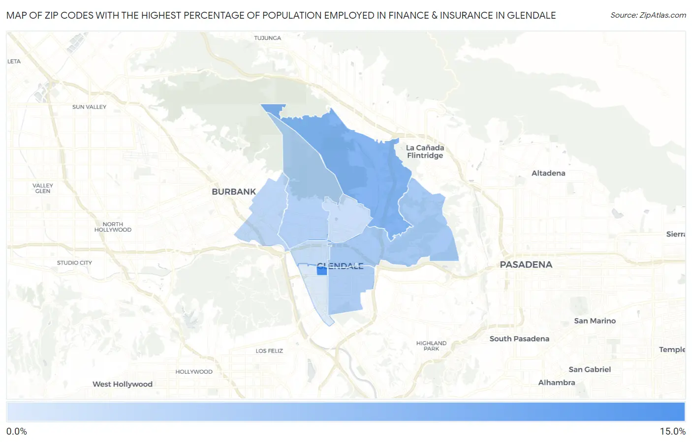 Zip Codes with the Highest Percentage of Population Employed in Finance & Insurance in Glendale Map