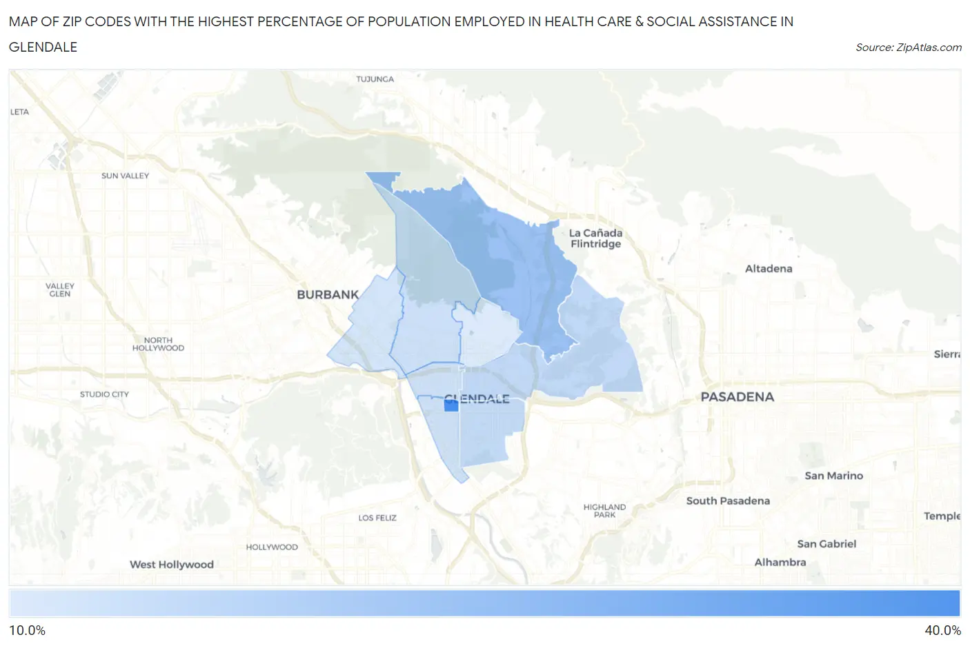 Zip Codes with the Highest Percentage of Population Employed in Health Care & Social Assistance in Glendale Map
