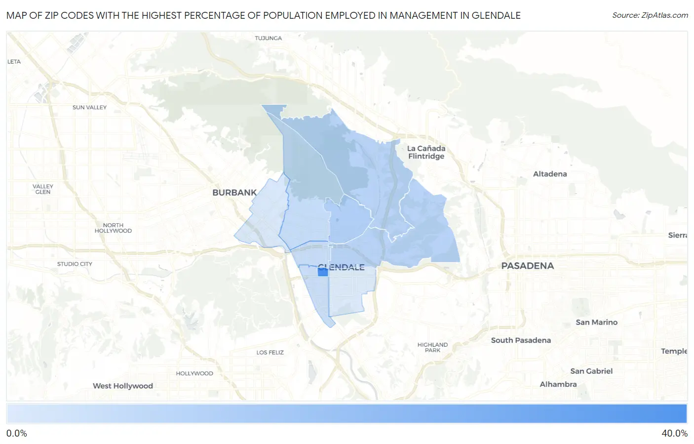 Zip Codes with the Highest Percentage of Population Employed in Management in Glendale Map