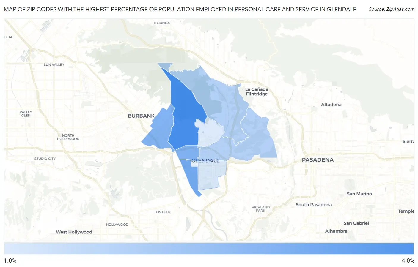 Zip Codes with the Highest Percentage of Population Employed in Personal Care and Service in Glendale Map