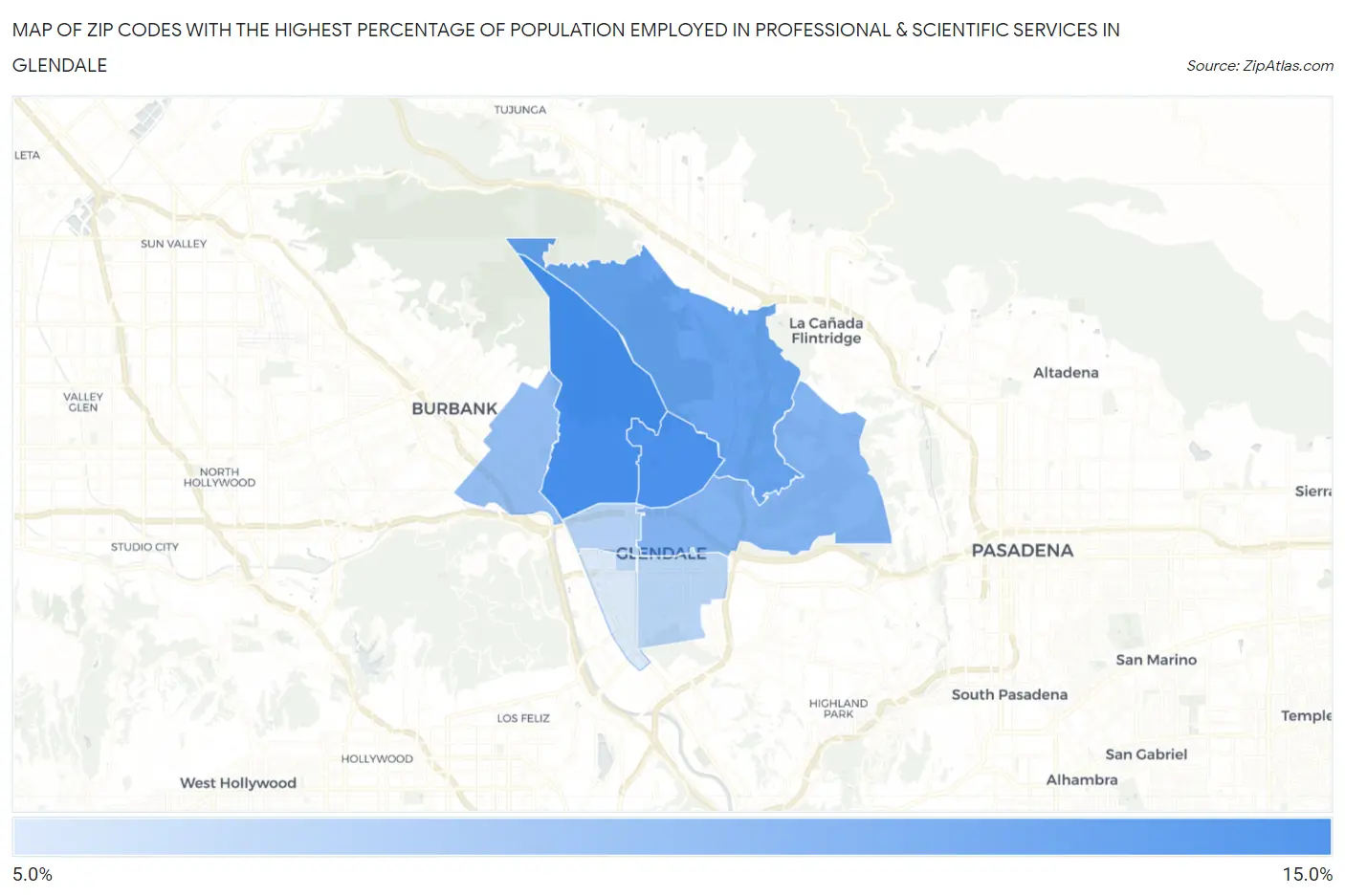 Zip Codes with the Highest Percentage of Population Employed in Professional & Scientific Services in Glendale Map