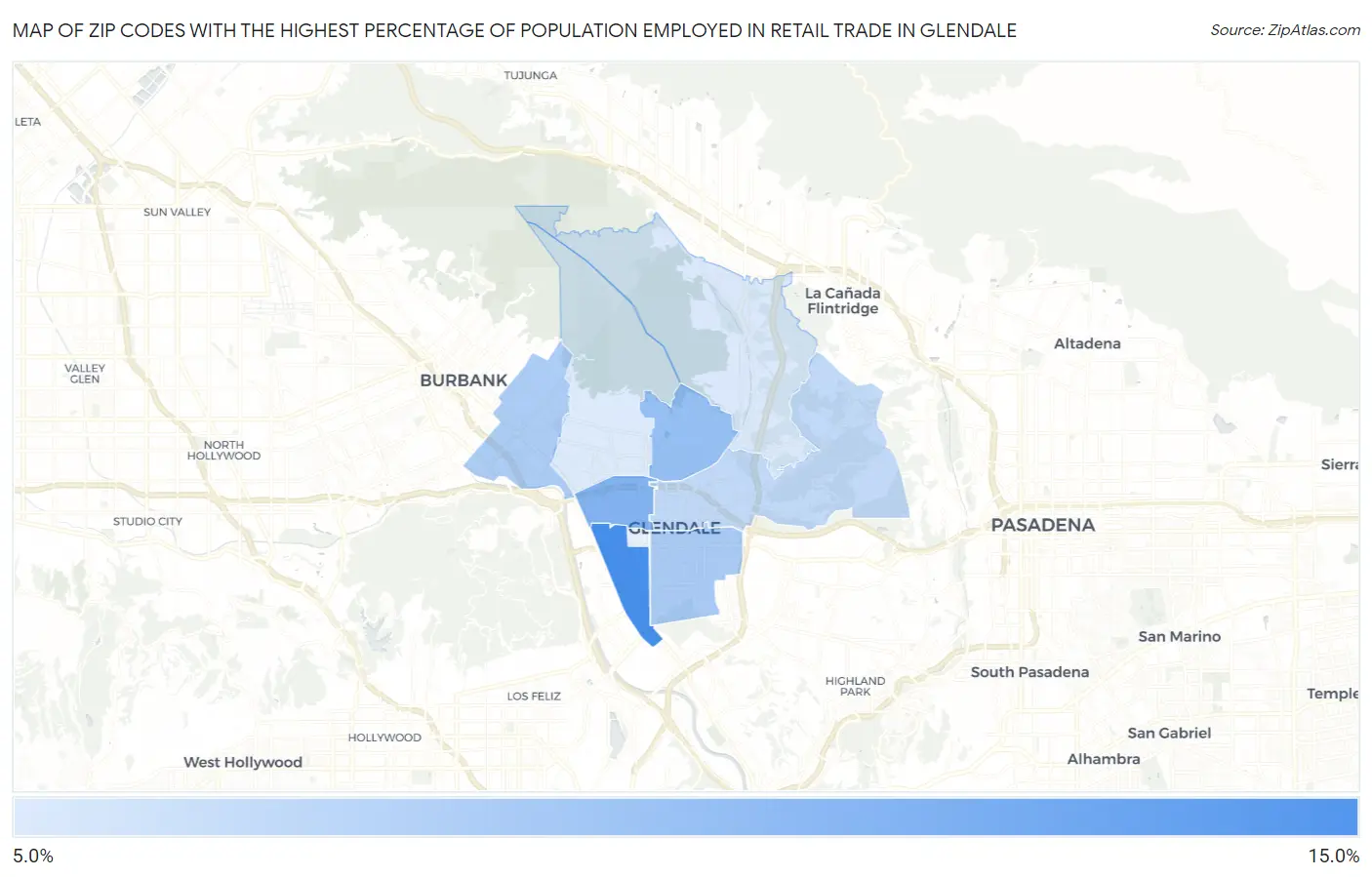 Zip Codes with the Highest Percentage of Population Employed in Retail Trade in Glendale Map
