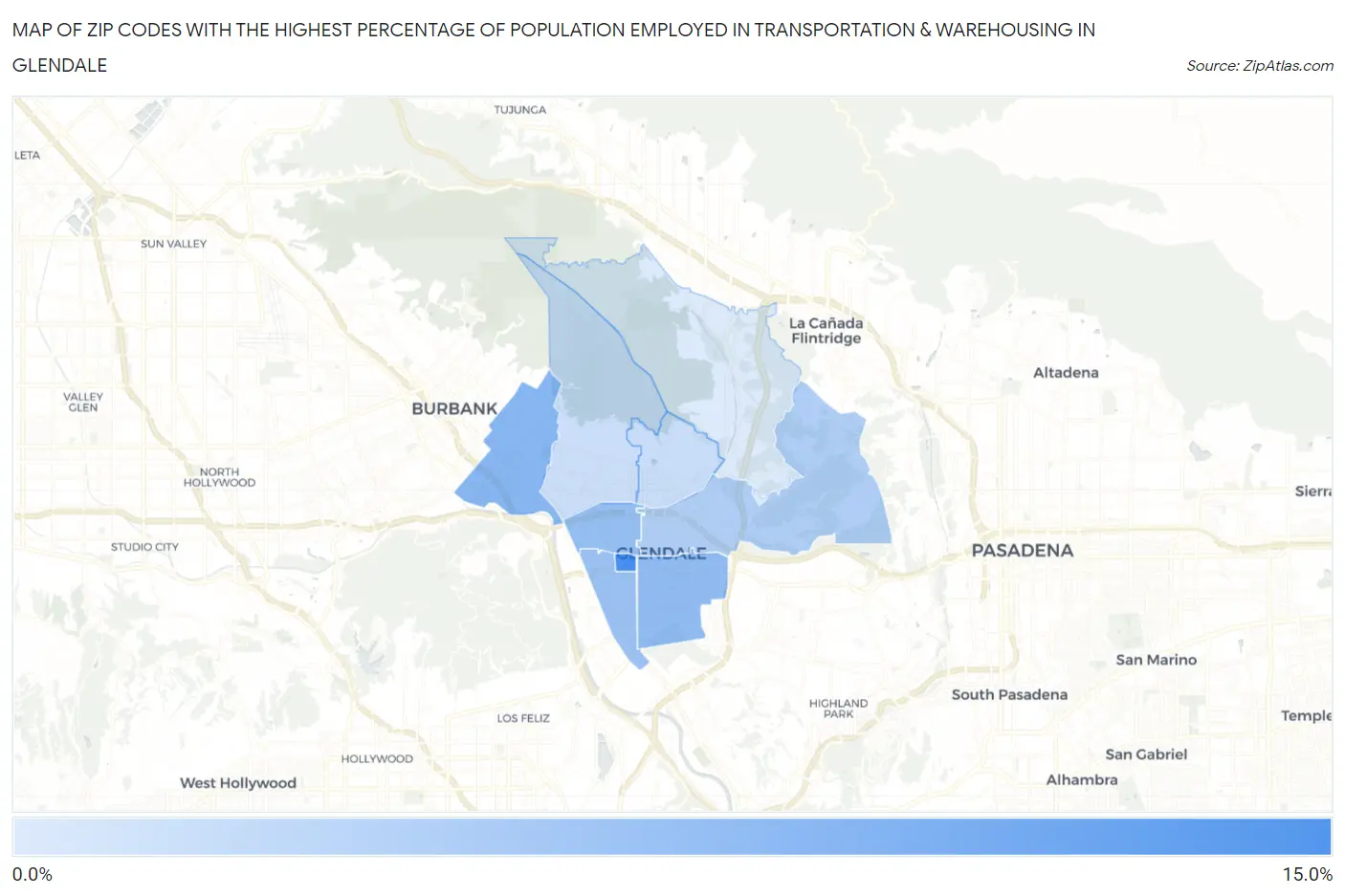 Zip Codes with the Highest Percentage of Population Employed in Transportation & Warehousing in Glendale Map