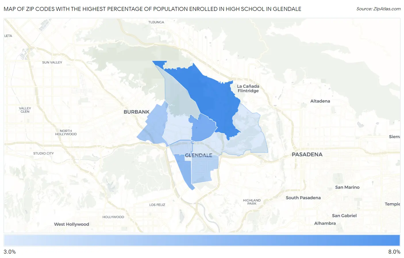 Zip Codes with the Highest Percentage of Population Enrolled in High School in Glendale Map