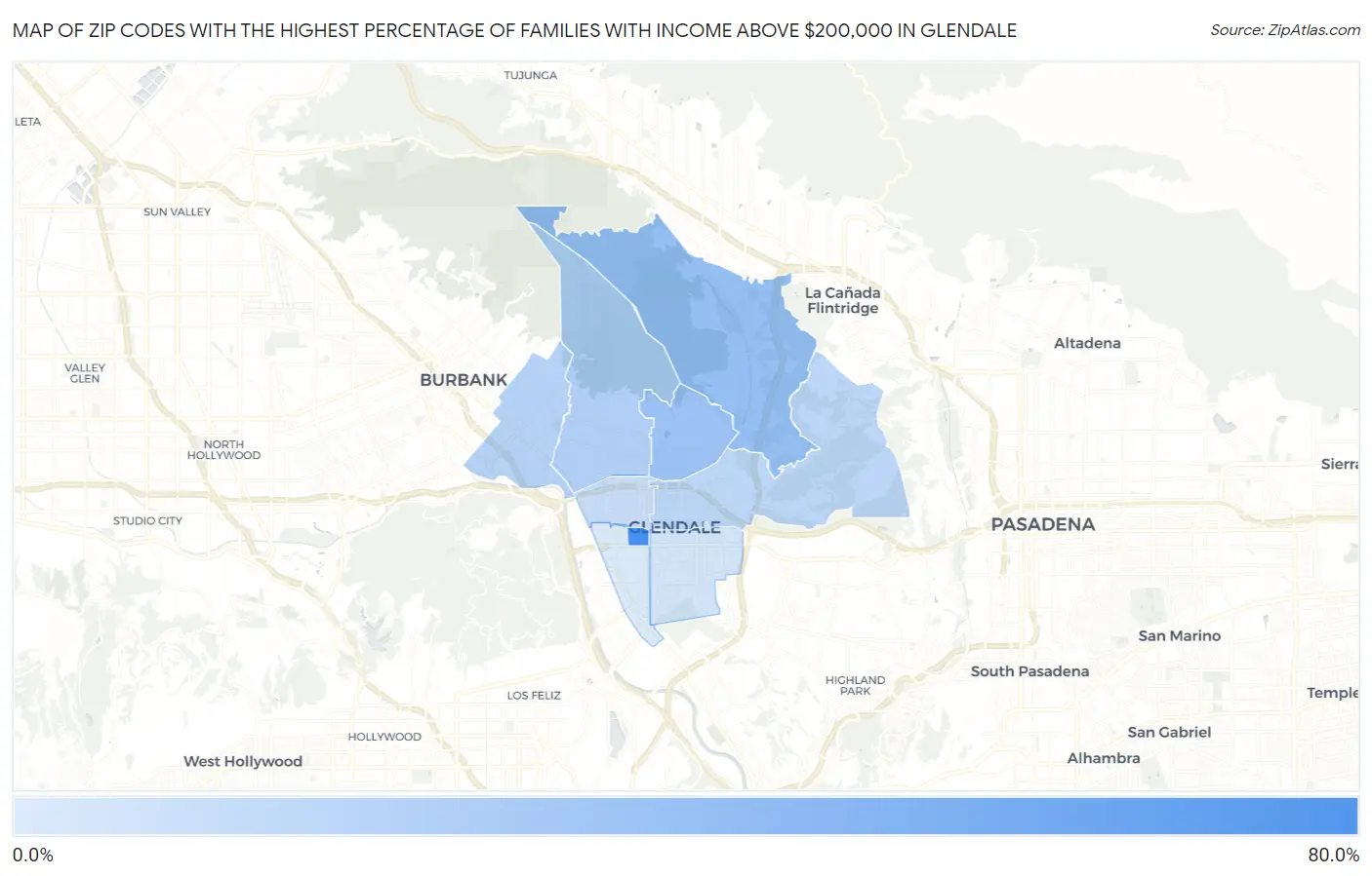 Zip Codes with the Highest Percentage of Families with Income Above $200,000 in Glendale Map