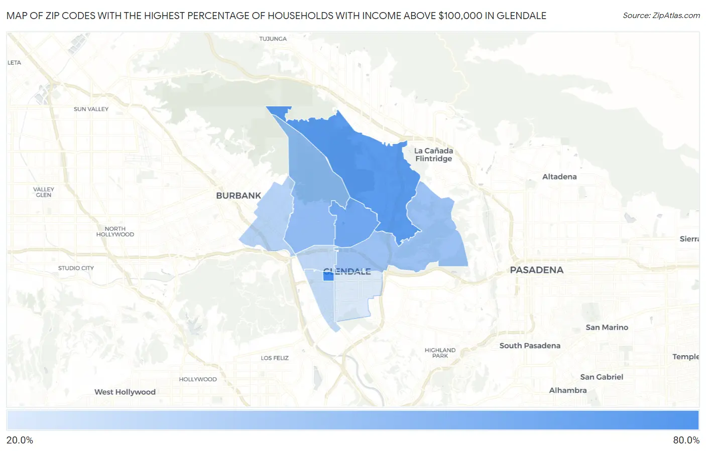 Zip Codes with the Highest Percentage of Households with Income Above $100,000 in Glendale Map