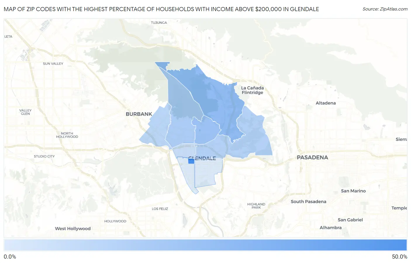 Zip Codes with the Highest Percentage of Households with Income Above $200,000 in Glendale Map