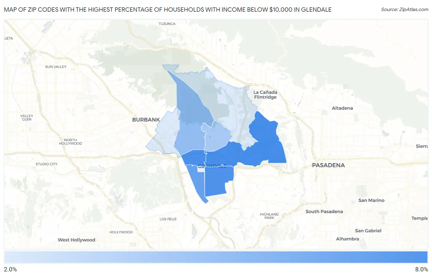 Zip Codes with the Highest Percentage of Households with Income Below $10,000 in Glendale Map