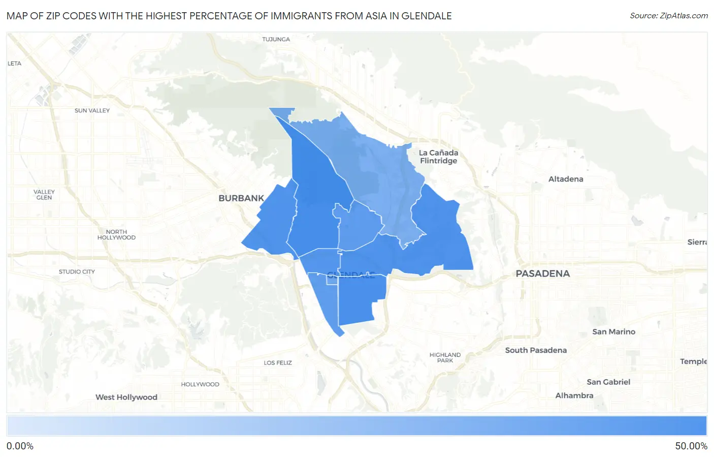 Zip Codes with the Highest Percentage of Immigrants from Asia in Glendale Map