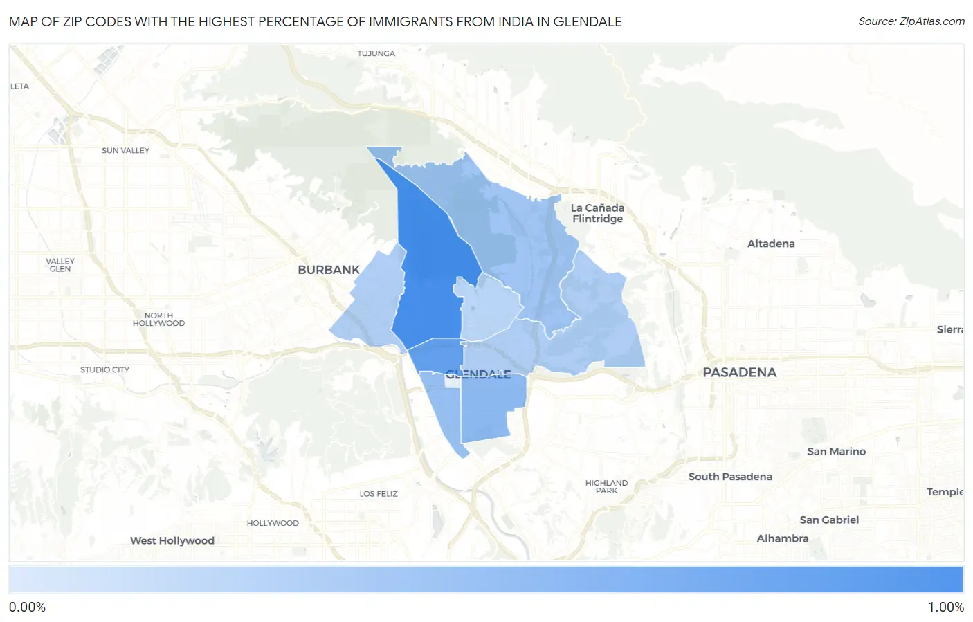 Zip Codes with the Highest Percentage of Immigrants from India in Glendale Map