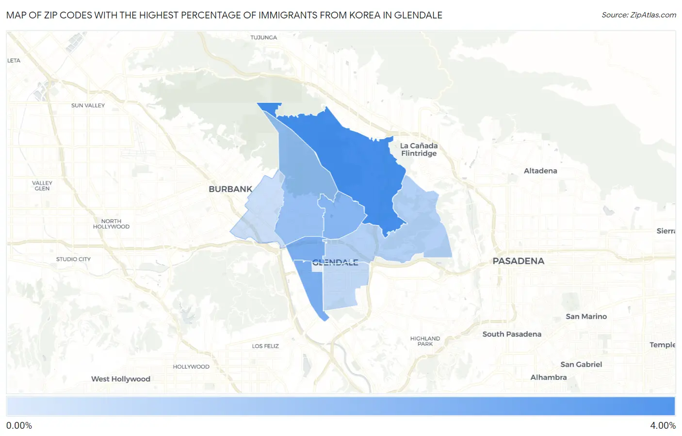 Zip Codes with the Highest Percentage of Immigrants from Korea in Glendale Map
