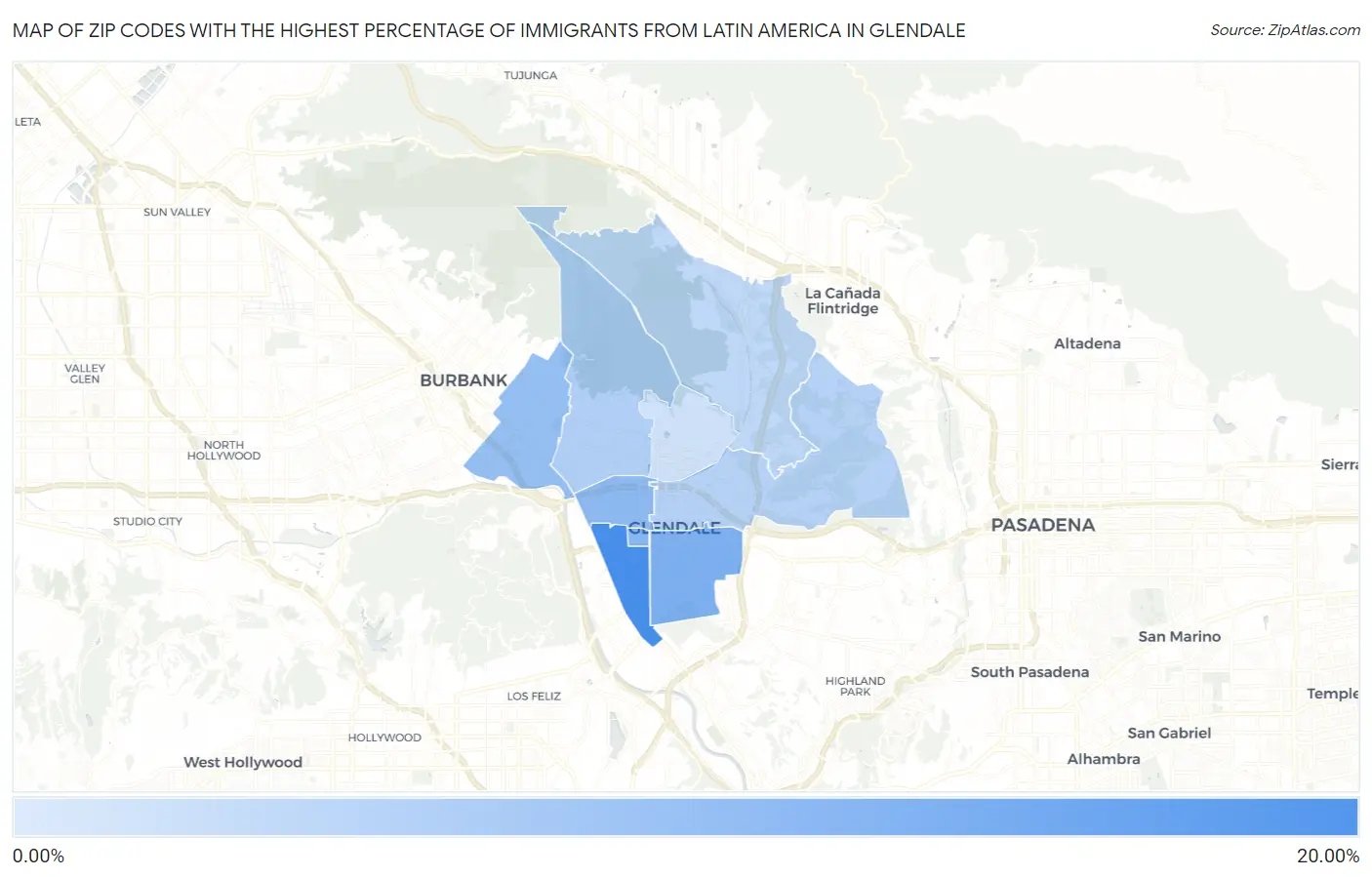 Zip Codes with the Highest Percentage of Immigrants from Latin America in Glendale Map