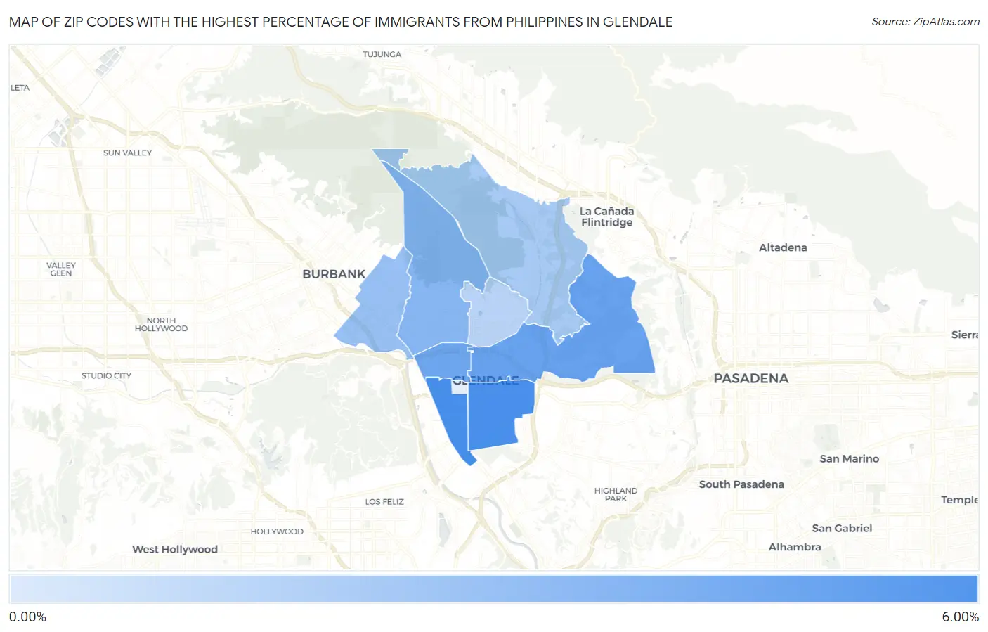 Zip Codes with the Highest Percentage of Immigrants from Philippines in Glendale Map