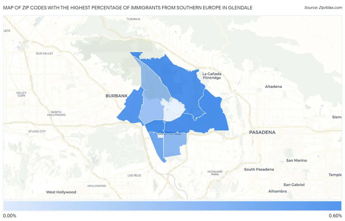 Zip Codes with the Highest Percentage of Immigrants from Southern Europe in Glendale Map