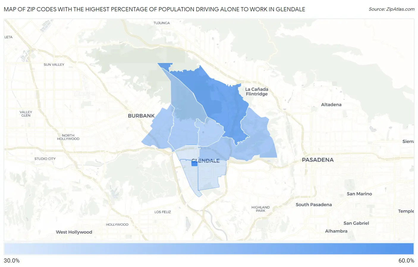 Zip Codes with the Highest Percentage of Population Driving Alone to Work in Glendale Map