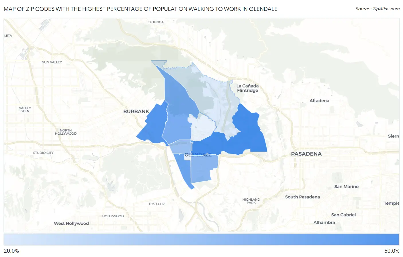 Zip Codes with the Highest Percentage of Population Walking to Work in Glendale Map