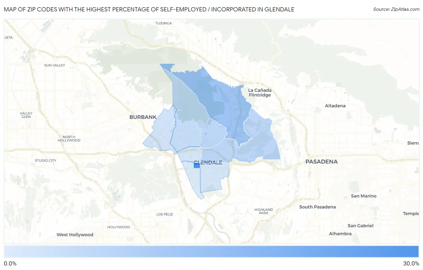 Zip Codes with the Highest Percentage of Self-Employed / Incorporated in Glendale Map