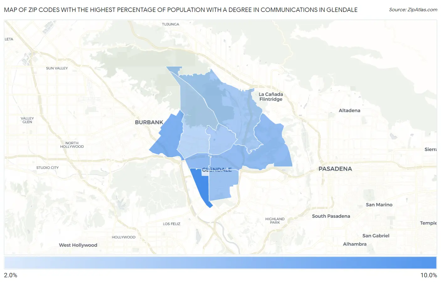Zip Codes with the Highest Percentage of Population with a Degree in Communications in Glendale Map