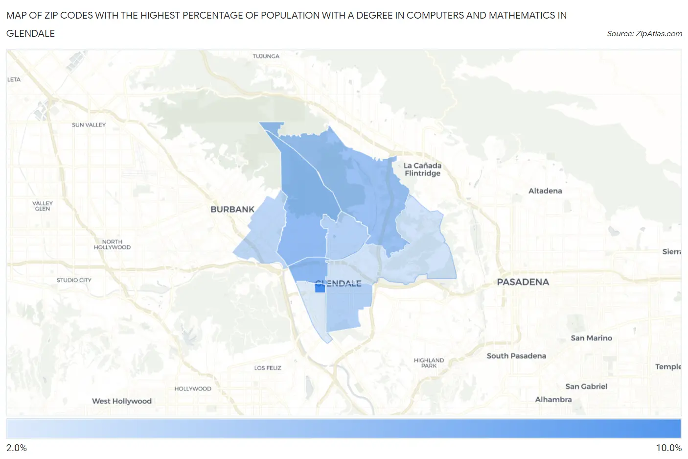 Zip Codes with the Highest Percentage of Population with a Degree in Computers and Mathematics in Glendale Map